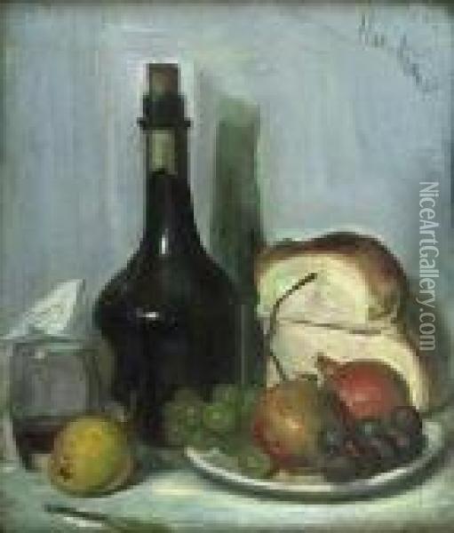 A Still Life Of Fruit, Bread And Black Bottle On A Tabletop Oil Painting - George Leslie Hunter