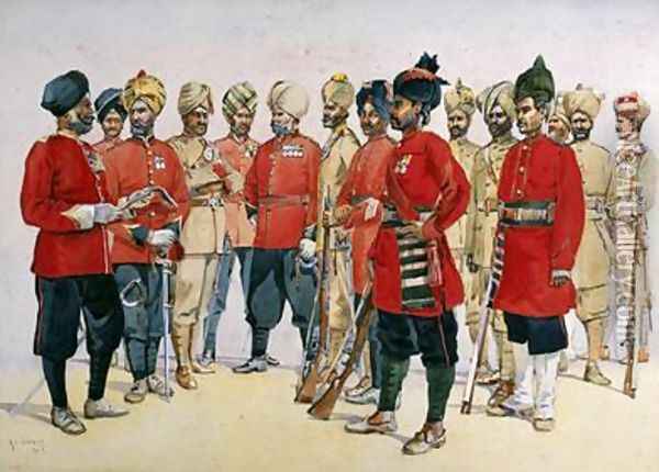 VCOs NCOs and sepoys of various Punjab Regiments Oil Painting - Alfred Crowdy Lovett