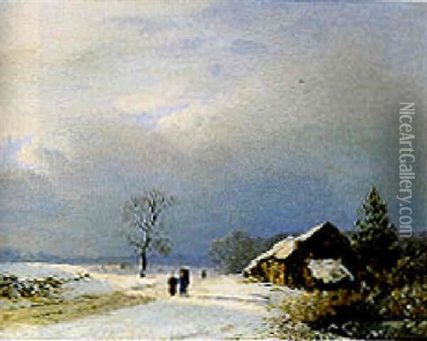 A Winter Landscape With Woodgatherers On A Track By A Farmhouse Oil Painting - Barend Cornelis Koekkoek