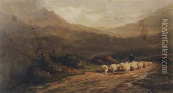 Gebirgige Landschaft Mit Hirte Und Schafherde Oil Painting - August Friedrich Albrecht Schenck