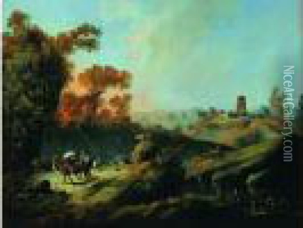 Scene Pastorale Dans Un Paysage De Riviere Au Portugal Oil Painting - Jean-Baptiste Pillement