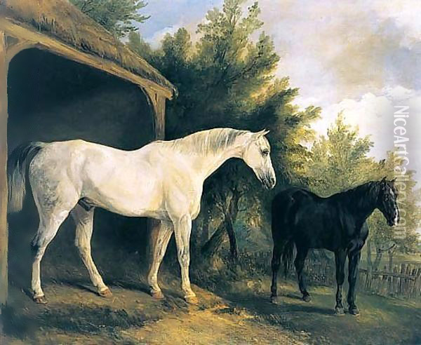Two Hunters By A Stable With A Landscape Beyond Oil Painting - Richard Barrett Davis