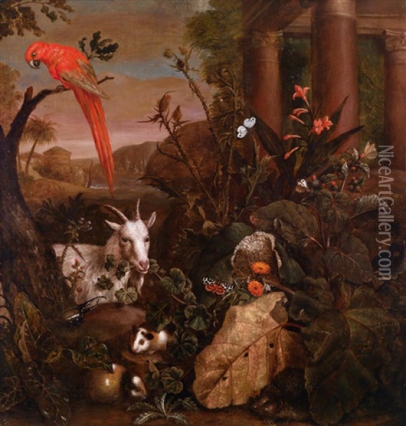 Ein Papagei, Ein Meerschweinchen Und Eine Ziege In Einem Distelbusch Vor Einer Antiken Ruine Oil Painting - Pieter van der Hulst