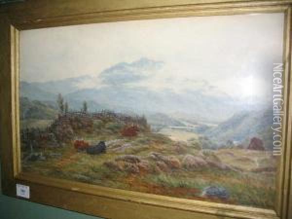 Highland Cattle Resting In A Mountain Landscape Oil Painting - John James Bannatyne