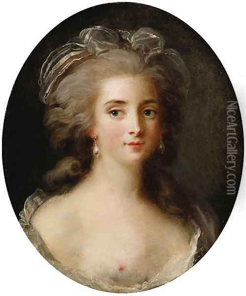 Portrait of a Lady, bust length, en deshabill Oil Painting - French School