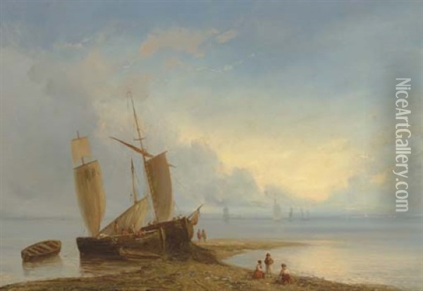 Ships Moored At Low Tide Oil Painting - Lev Felixovich Lagorio