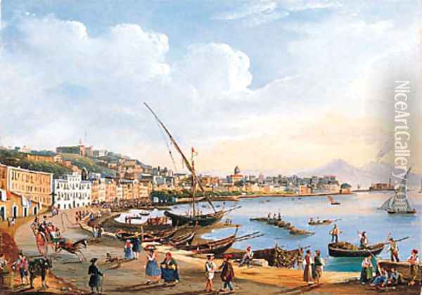 Fishermen and other Figures in conversation in the Harbour Oil Painting - Neapolitan School