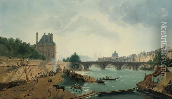 Unloading Cargo At The Pont Royale, Paris Oil Painting - Antoine Louis Goblain
