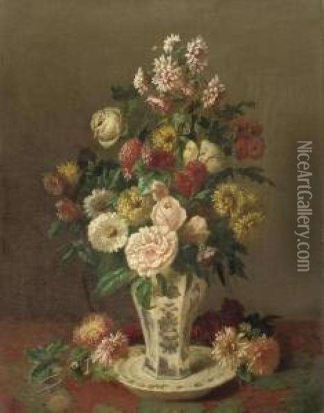 A Mixed Bouquet With Chrysanthemums And Roses Oil Painting - Henri Robbe