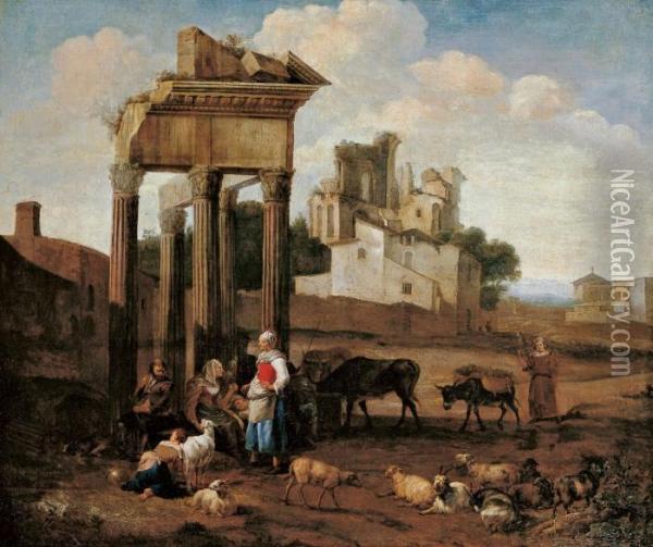 Landschaft Mit Antiken Ruinen Und Hirten. Oil Painting - Hendrick Mommers