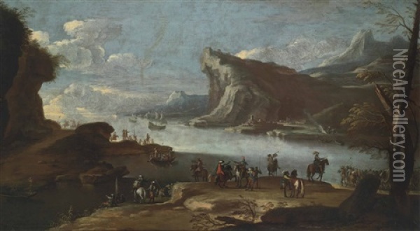 A Rocky Estuary With Troops On A Bank Oil Painting - Jacob De Heusch