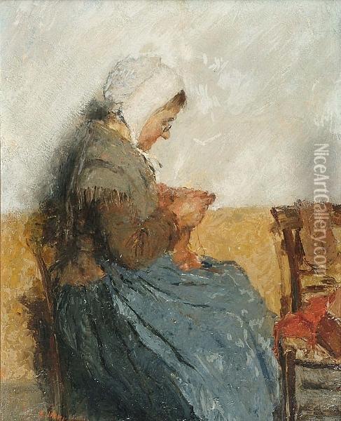 A Seated Woman Knitting Oil Painting - Evert Larock