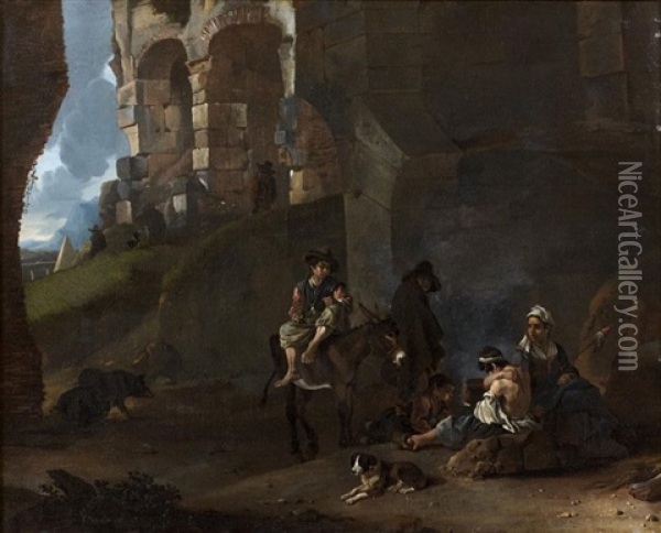 Campement De Bohemiens Dans Des Ruines Romaines Oil Painting - Johannes Lingelbach