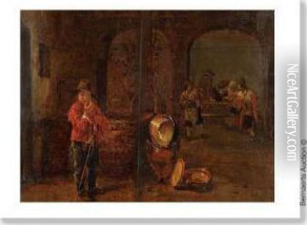 Scene D'auberge Avec Figure Pres Du Puits Et Cinq Autres Sous Un Arc. Oil Painting - Andries Dirksz. Both