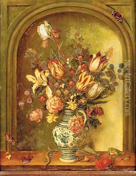 Tulips, roses, lilies and other flowers with blackberries and gooseberries in a porcelain vase Oil Painting - Johannes Baers