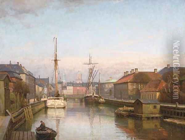 Vessels at a Danish port Oil Painting - Axel Johansen