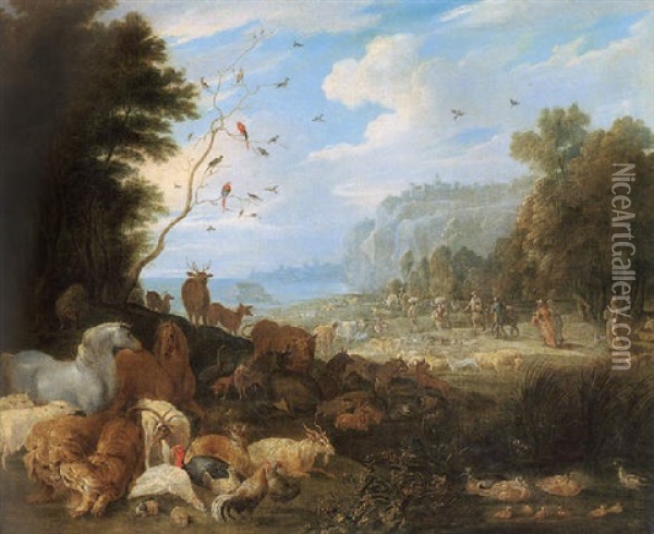 Noah Leading The Animals To The Ark Oil Painting - Lambert de Hondt