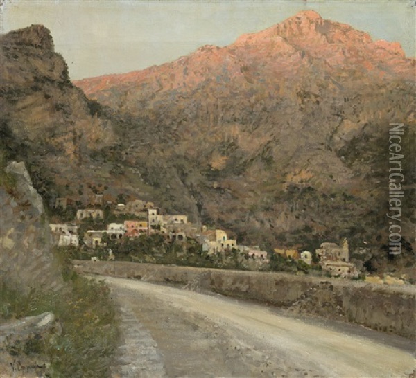Positano. Gli Ultimi Raggi (la Montagna Al Tramonto) Oil Painting - Vincenzo Caprile