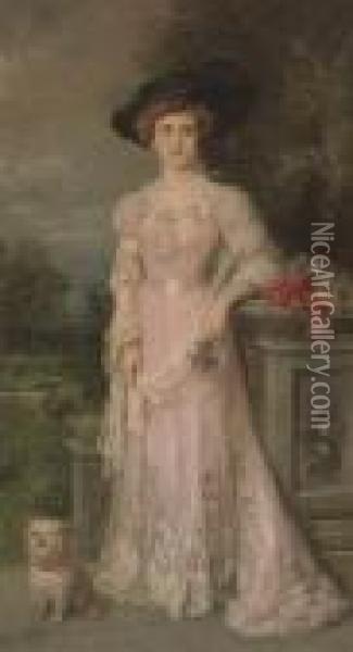 Portrait Of A Lady In A Pink Dress Oil Painting - Ricardo de Madrazo y Garreta
