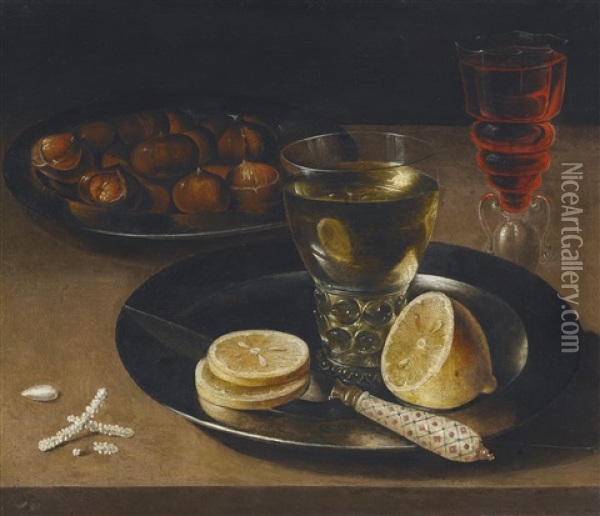 Still Life Of Lemons, Chestnuts And A Wine Glass Oil Painting - Osias Beert the Elder
