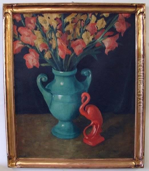 Floral Still Life With Ceramic Flamingo Oil Painting - Edward Francis Finden