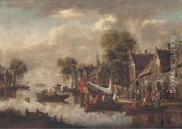 A river landscape with figures merrymaking in boats and outside an inn Oil Painting - Thomas Heeremans