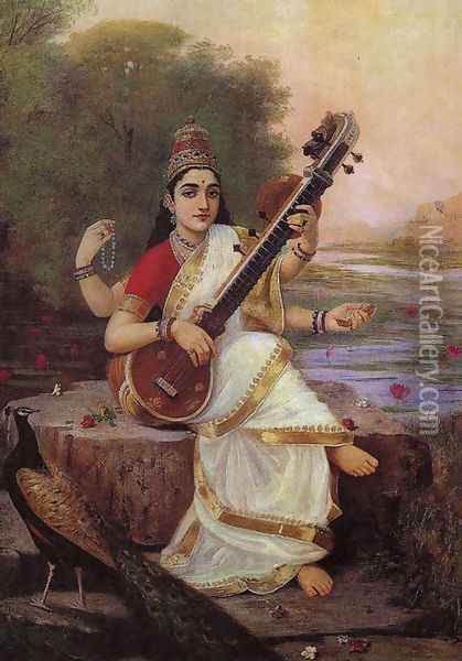 Goddess Saraswathi Oil Painting - Raja Ravi Varma