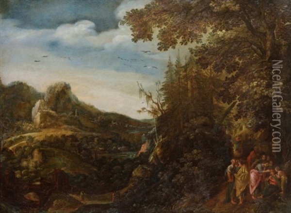 Paysage Avec La Guerison De L'aveugle Oil Painting - Gillis Van Coninxloo III