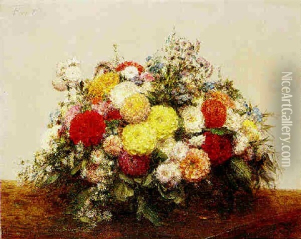 Gros Vase De Dahlias Et Fleurs Variees Oil Painting - Henri Fantin-Latour