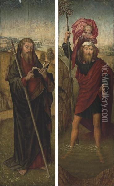 The Wings Of A Triptych: Saint Christopher; And Saint James Thegreater Oil Painting - Hans Memling