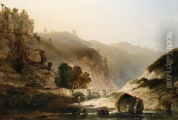 A River Landscape With An Angler In The Foreground Oil Painting - Henry Dawson