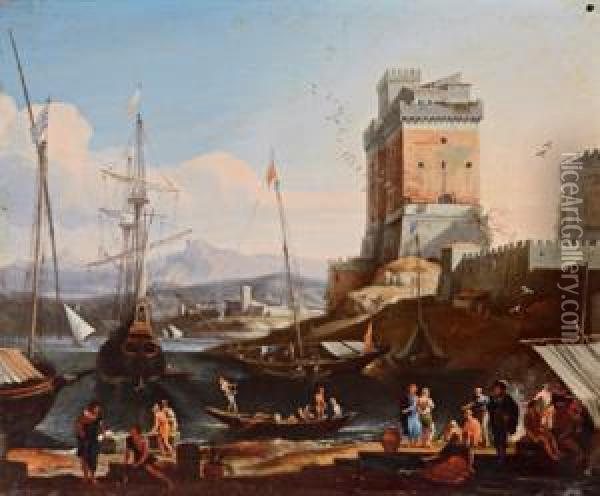 Attribuito Marina Italiana Con Torre Oil Painting - Adriaen Van Der Kabel