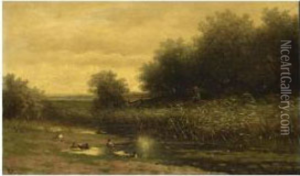 An Angler In A River Landscape Oil Painting - Hendrikus Alexander Van Ingen