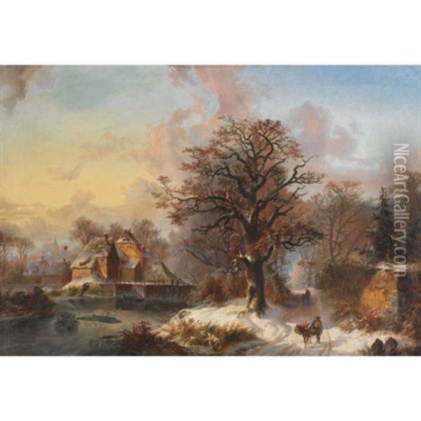 Travellers By A Frozen Village Pond Oil Painting - Herman Wilhelm Cellarius