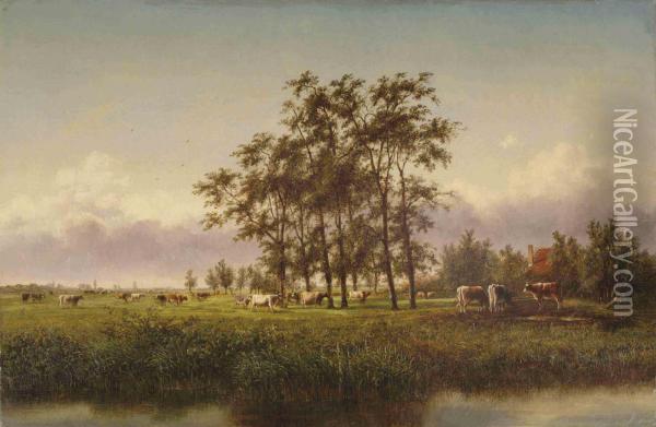 Cows In A Meadow, A Village Beyond Oil Painting - Cornelis Johannes De Vogel