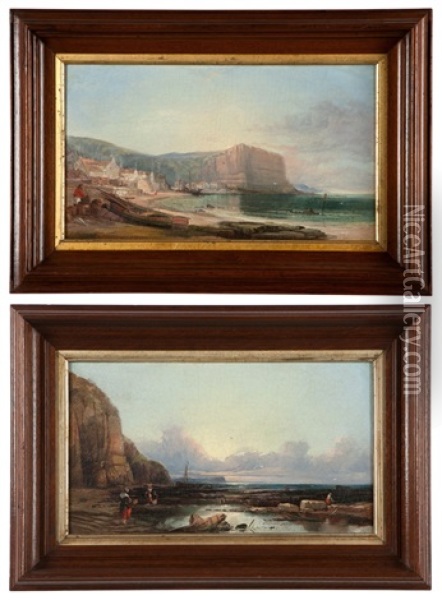 Coastal Fisherman And Coastal Town With Shore (2 Works) Oil Painting - George Pettitt