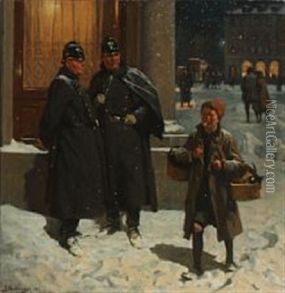 Two Police Officers In Snowy Weather In Copenhagen Oil Painting - Erik Ludwig Henningsen