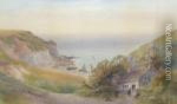 Nsa -- Figures By A Cottage With
 Cliffs And A Fishing Cove Below; Watercolour, Signed, 43x68.2cm Oil Painting - Frank Gresley