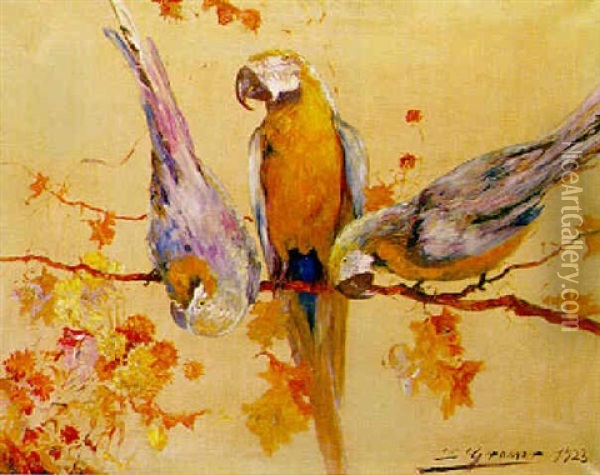 Three Parrots Oil Painting - Luis Graner y Arrufi