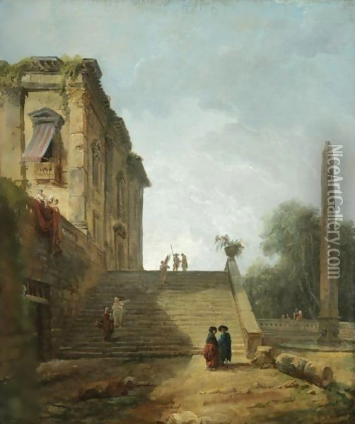 Capriccio Landscape With Figures Ascending A Staircase Near An Obelisk In The Gardens Of A Villa Oil Painting - Hubert Robert
