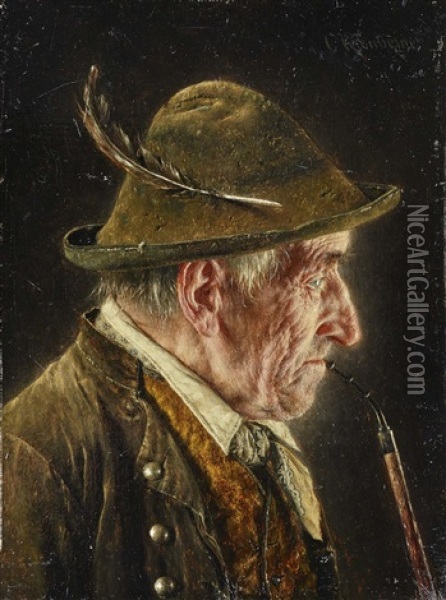 Portrait Of A Farmer With Pipe In Profile Oil Painting - Carl Kronberger