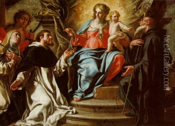 The Madonna And Child With Saints Catherine, Rosa Da Lima, Dominic And Benedict (the Madonna Del Rosario) Oil Painting - Angelo Solimena the Elder