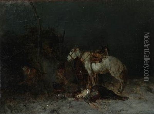 Night Scene With A Wounded Woman And Riders At A Fire Oil Painting - Otto Fedder