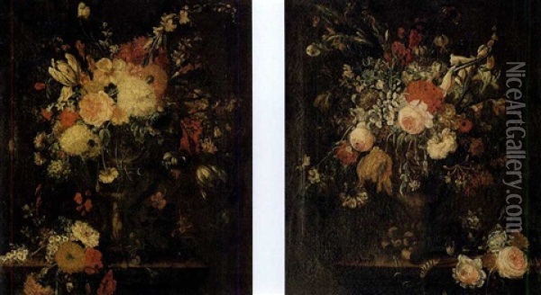 Mixed Flowers In Urns On Ledges Oil Painting - Johann Georg Pickhardt the Elder