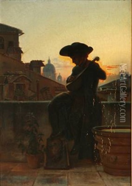 Evening Scene From Rome With A Mandolin Player On A Terrace Oil Painting - Pietro Kobke Krohn