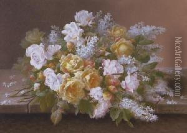 Pink Roses And White Lilacs Oil Painting - Raoul Maucherat de Longpre