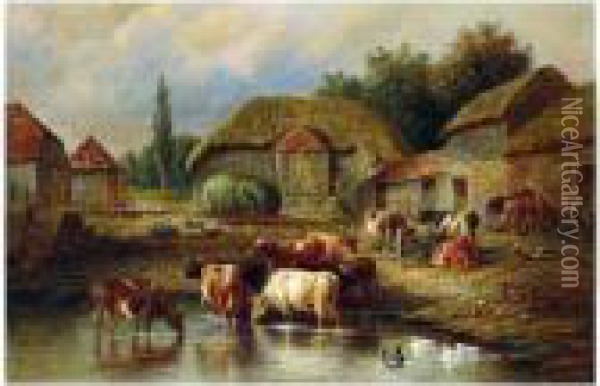 Farmyard Scene With Cattle Watering Oil Painting - Henry Bryant
