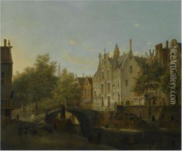 Delft, A View Of The Oude Delft And The Gemeenlandshuis Oil Painting - Jan Van Der Heyden