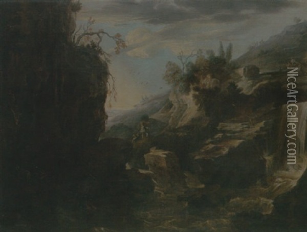 A Rocky River Landscape With Figures Climbing By A Waterfall Oil Painting - Cornelis Leonardsz Stooter