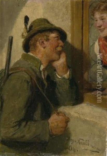 Jager Und Dirndl Am Fenster Oil Painting - Hugo Wilhelm Kauffmann
